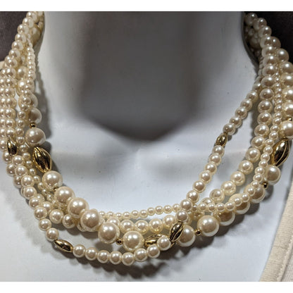 Vintage Multistrand Faux Pearl Necklace With Gold Tone Accents