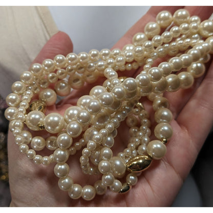 Vintage Multistrand Faux Pearl Necklace With Gold Tone Accents