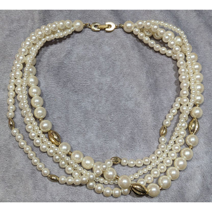 Vintage Multistrand Faux Pearl Necklace With Gold Tone Accents