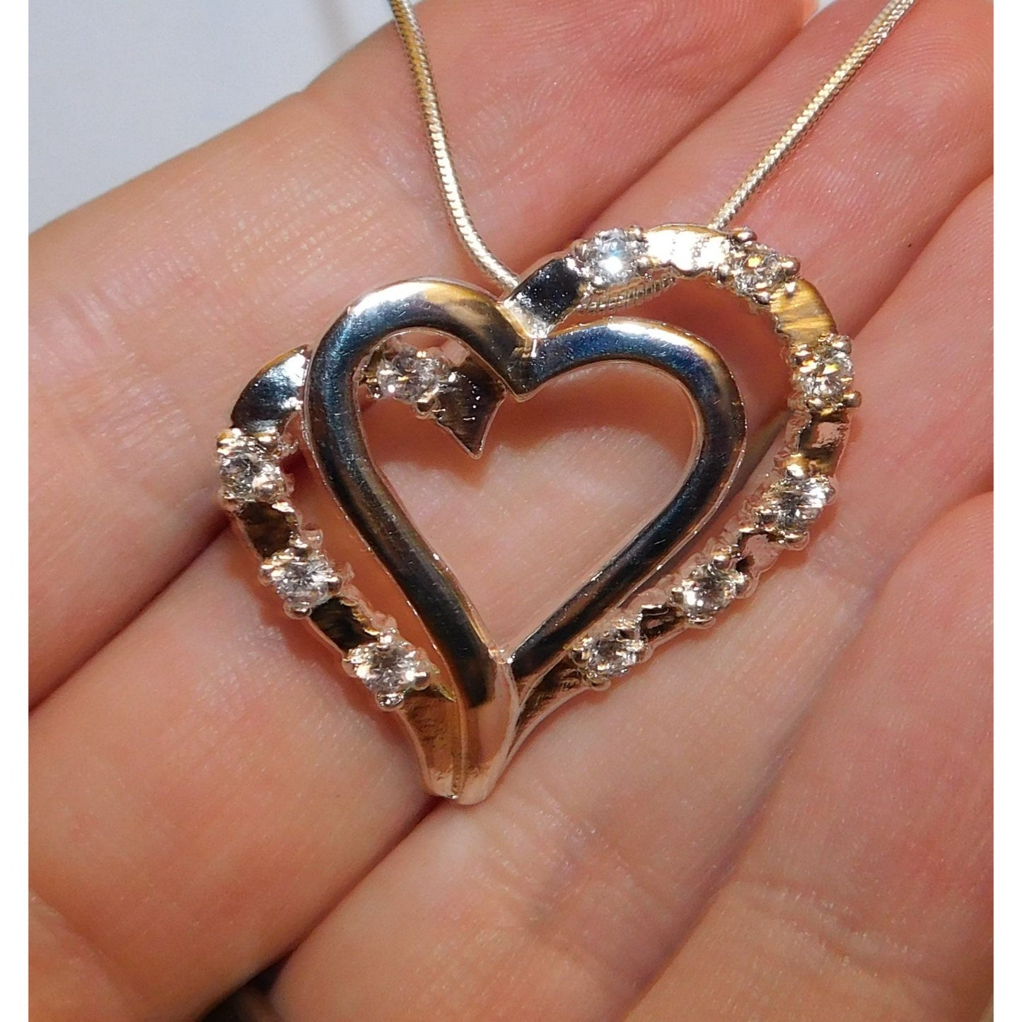 Elegant Romantic Sterling Silver Double Heart Necklace With Gem Accents