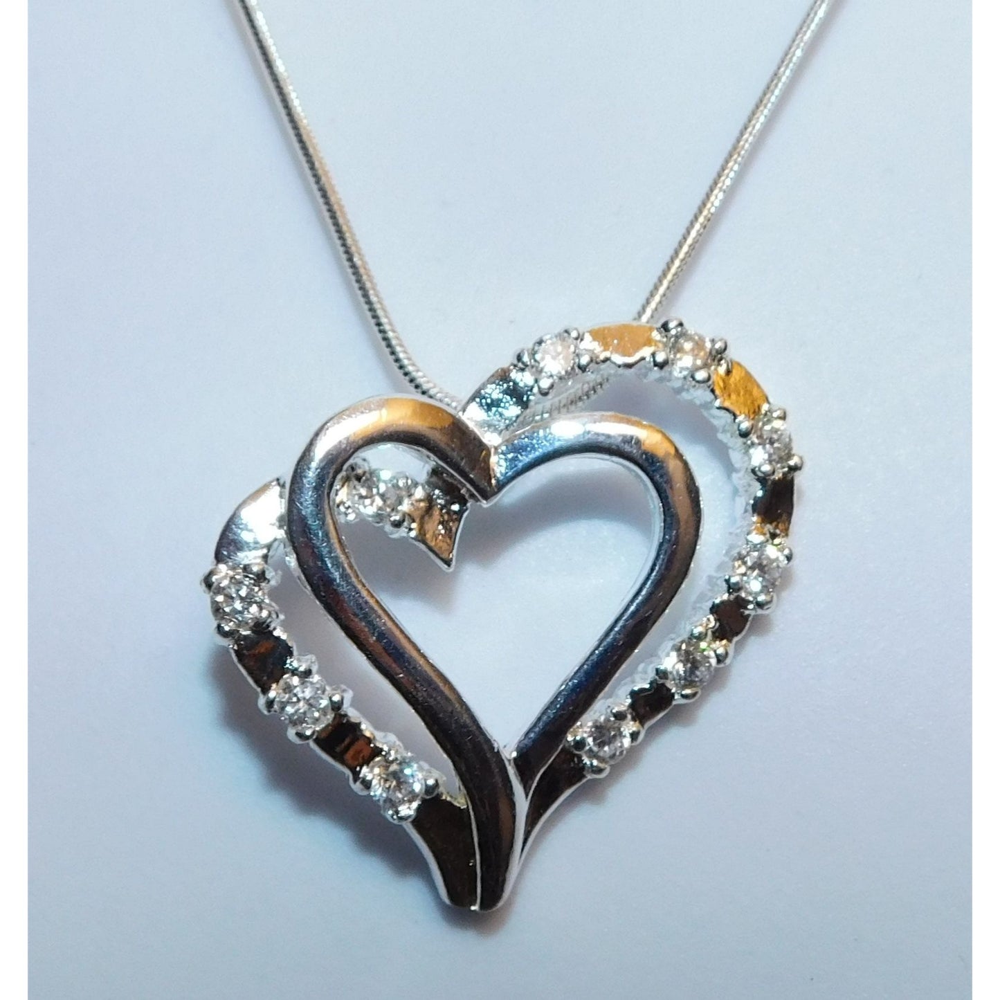 Elegant Romantic Sterling Silver Double Heart Necklace With Gem Accents