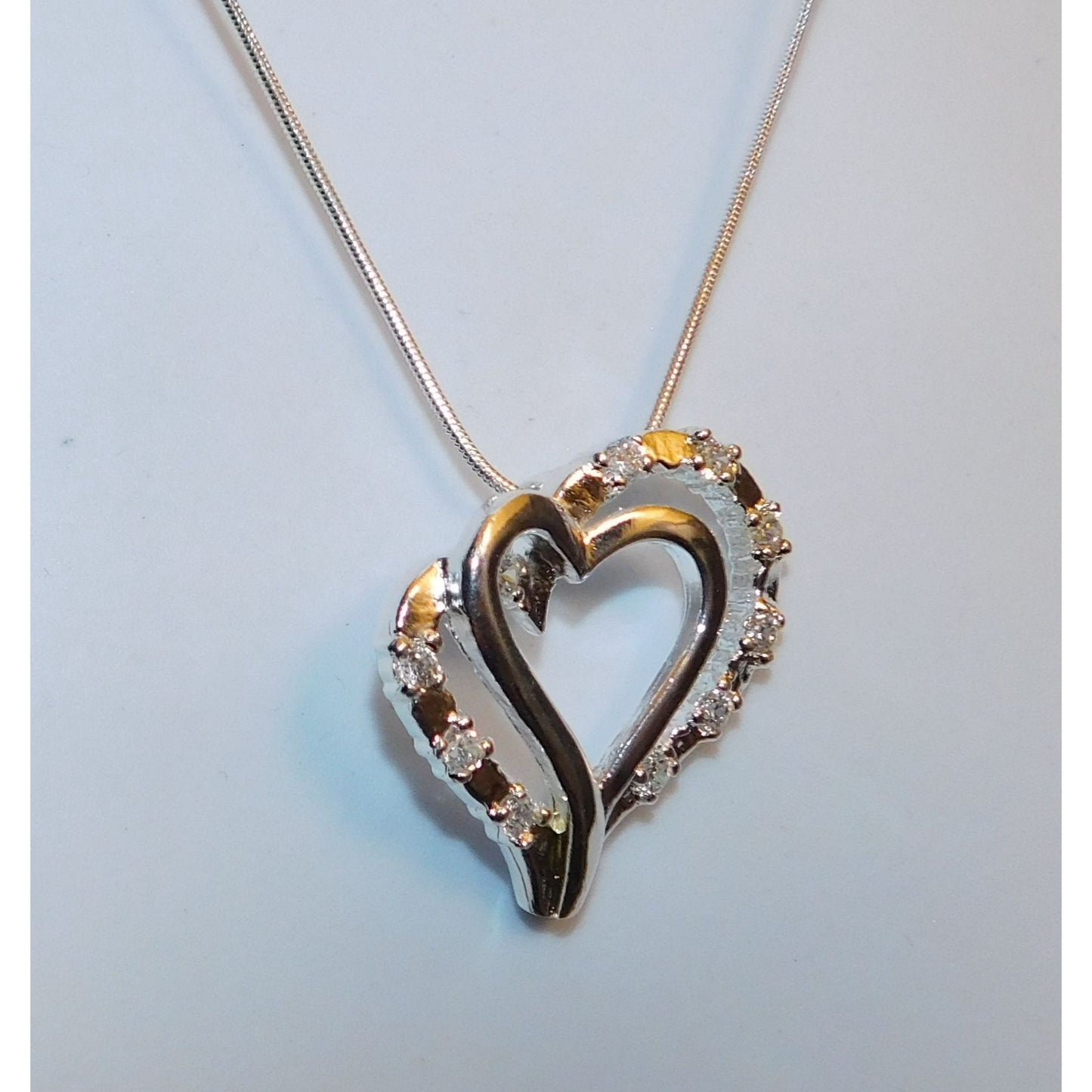 Elegant Romantic Sterling Silver Double Heart Necklace With Gem Accents