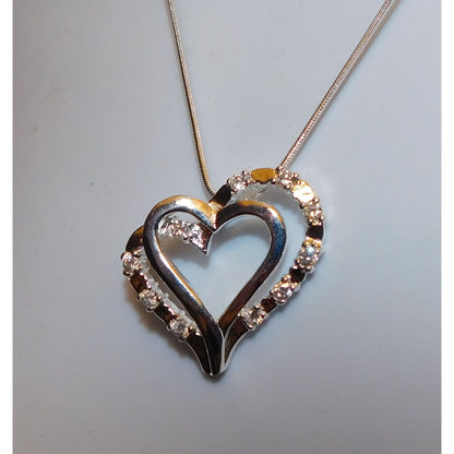 Elegant Romantic Sterling Silver Double Heart Necklace With Gem Accents
