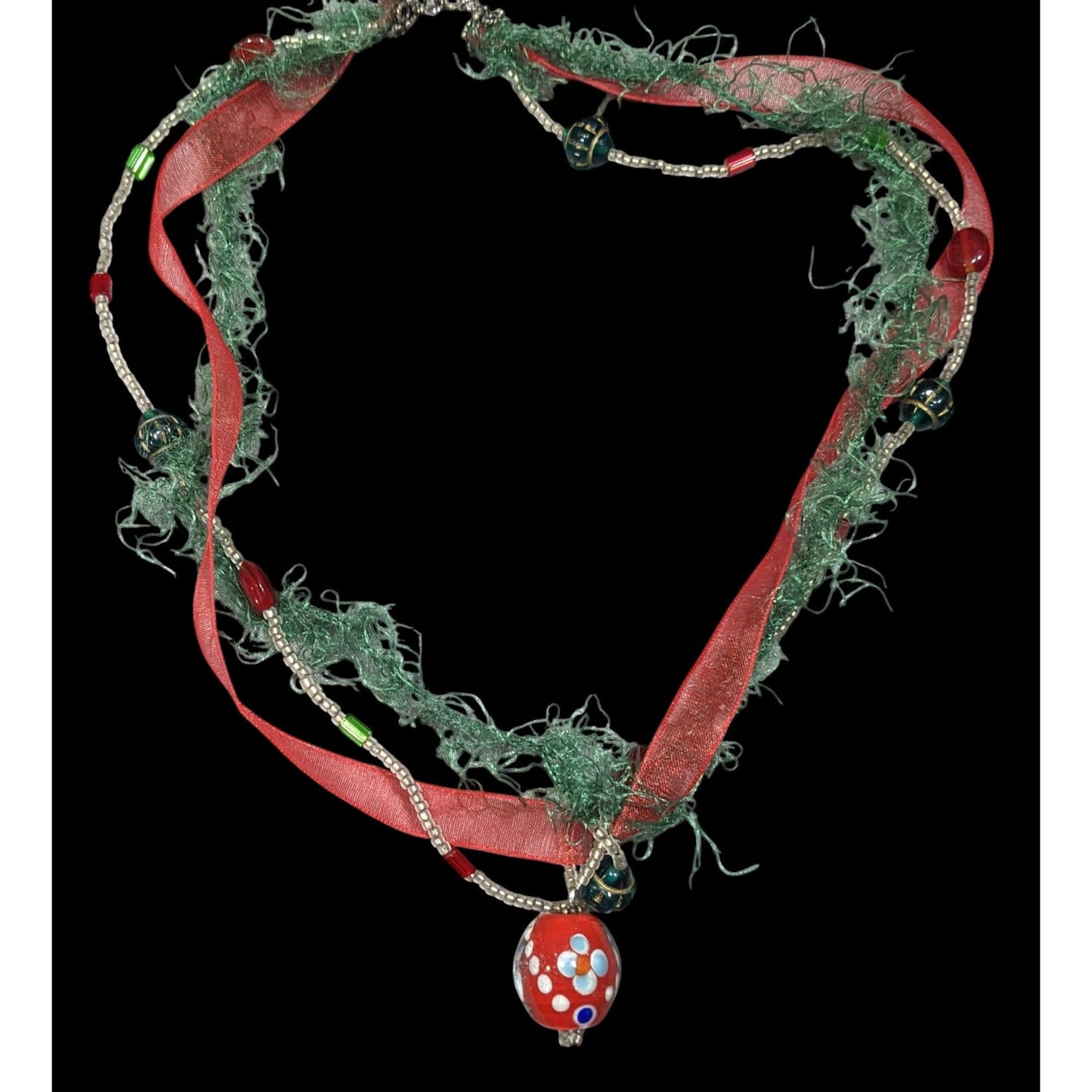 Abstract Floral Holiday Themed Red And Green Pendant Necklace