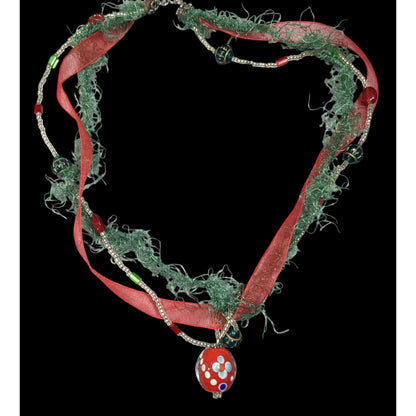 Abstract Floral Holiday Themed Red And Green Pendant Necklace