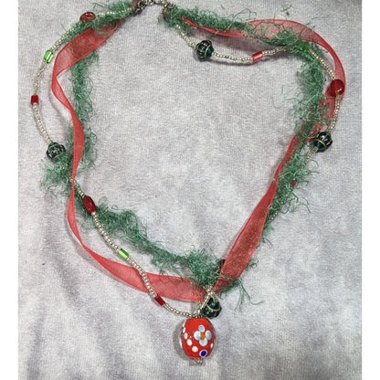 Abstract Floral Holiday Themed Red And Green Pendant Necklace