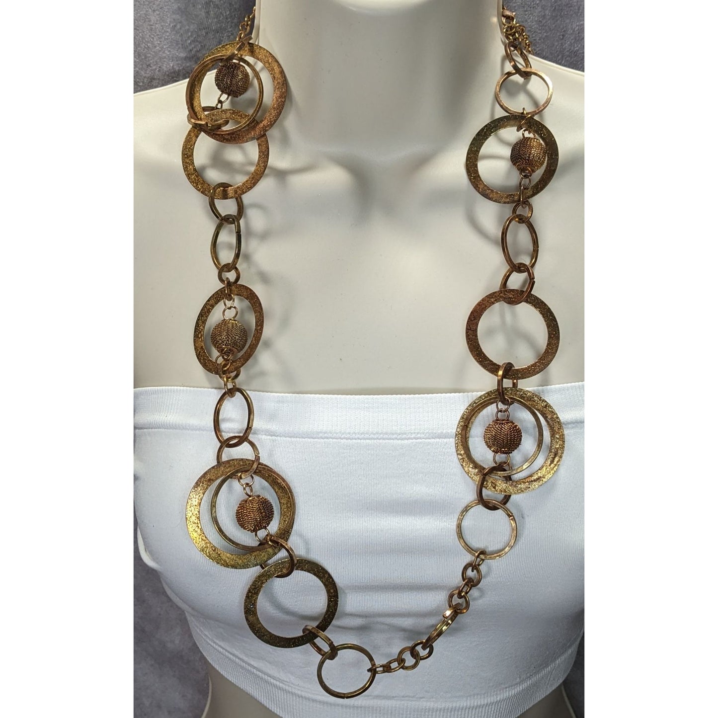 Vintage Glam Gold/Copper-Toned Statement Necklace With Textured Circle & Sphere Links
