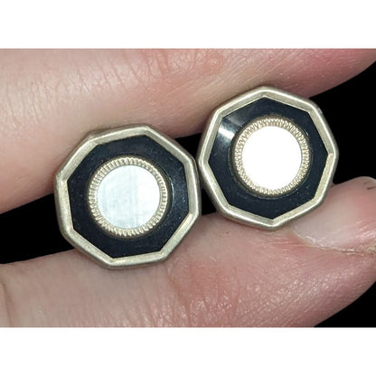 Vintage Mother Of Pearl Silver Tone Snap Cuff Links