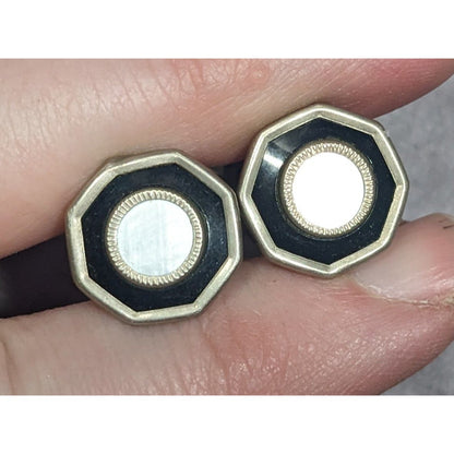Vintage Mother Of Pearl Silver Tone Snap Cuff Links