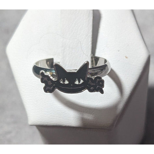 Gothic Spooky Cat Black And Silver Tone Adjustable Ring Size 7 1/2