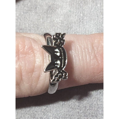 Gothic Spooky Cat Black And Silver Tone Adjustable Ring Size 7 1/2