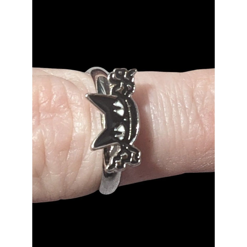 Gothic Spooky Cat Black And Silver Tone Adjustable Ring Size 7 1/2