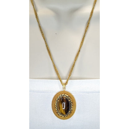 Boho Vintage Tiger Eye Pendant Necklace Gold Tone Oval Cabochon Statement Jewelry