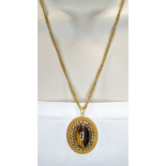 Boho Vintage Tiger Eye Pendant Necklace Gold Tone Oval Cabochon Statement Jewelry