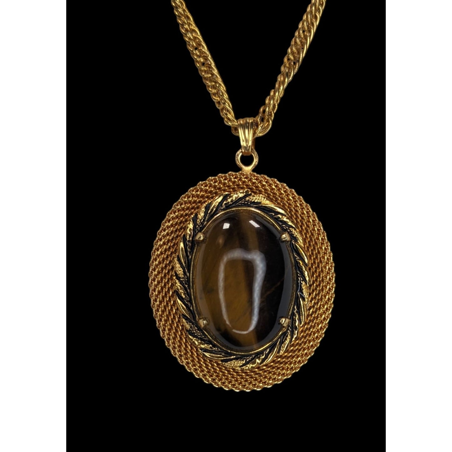 Boho Vintage Tiger Eye Pendant Necklace Gold Tone Oval Cabochon Statement Jewelry