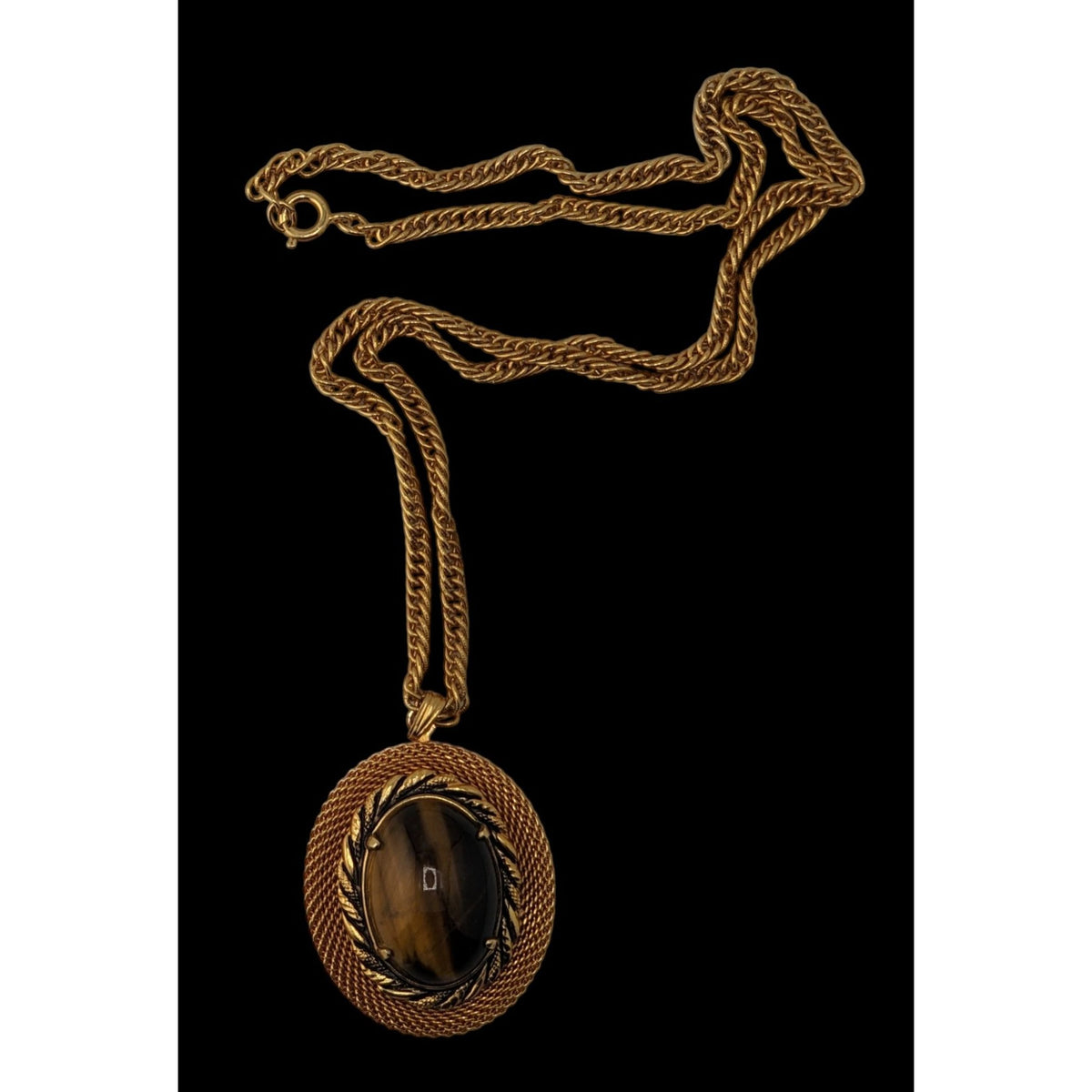 Boho Vintage Tiger Eye Pendant Necklace Gold Tone Oval Cabochon Statement Jewelry