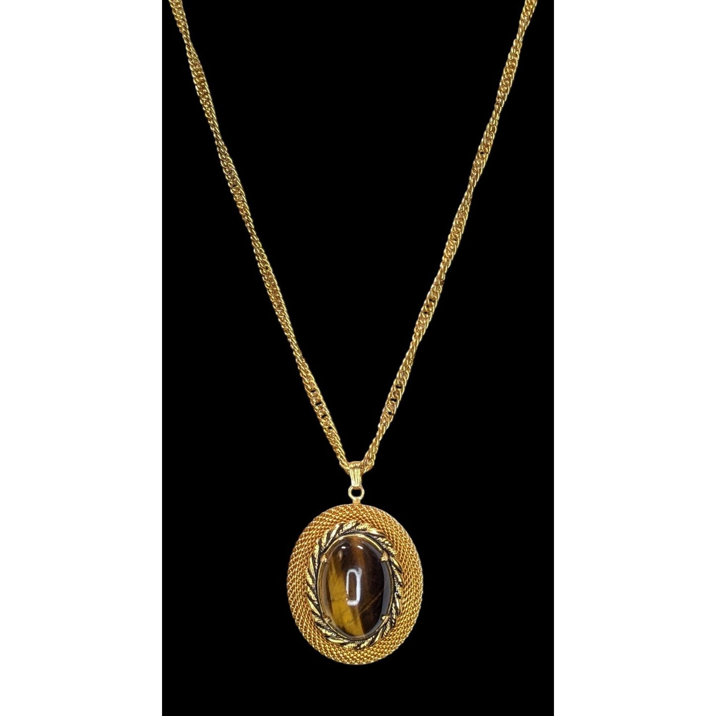Boho Vintage Tiger Eye Pendant Necklace Gold Tone Oval Cabochon Statement Jewelry