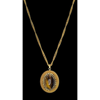 Boho Vintage Tiger Eye Pendant Necklace Gold Tone Oval Cabochon Statement Jewelry
