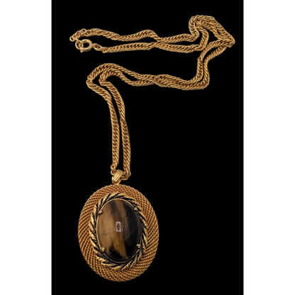 Boho Vintage Tiger Eye Pendant Necklace Gold Tone Oval Cabochon Statement Jewelry