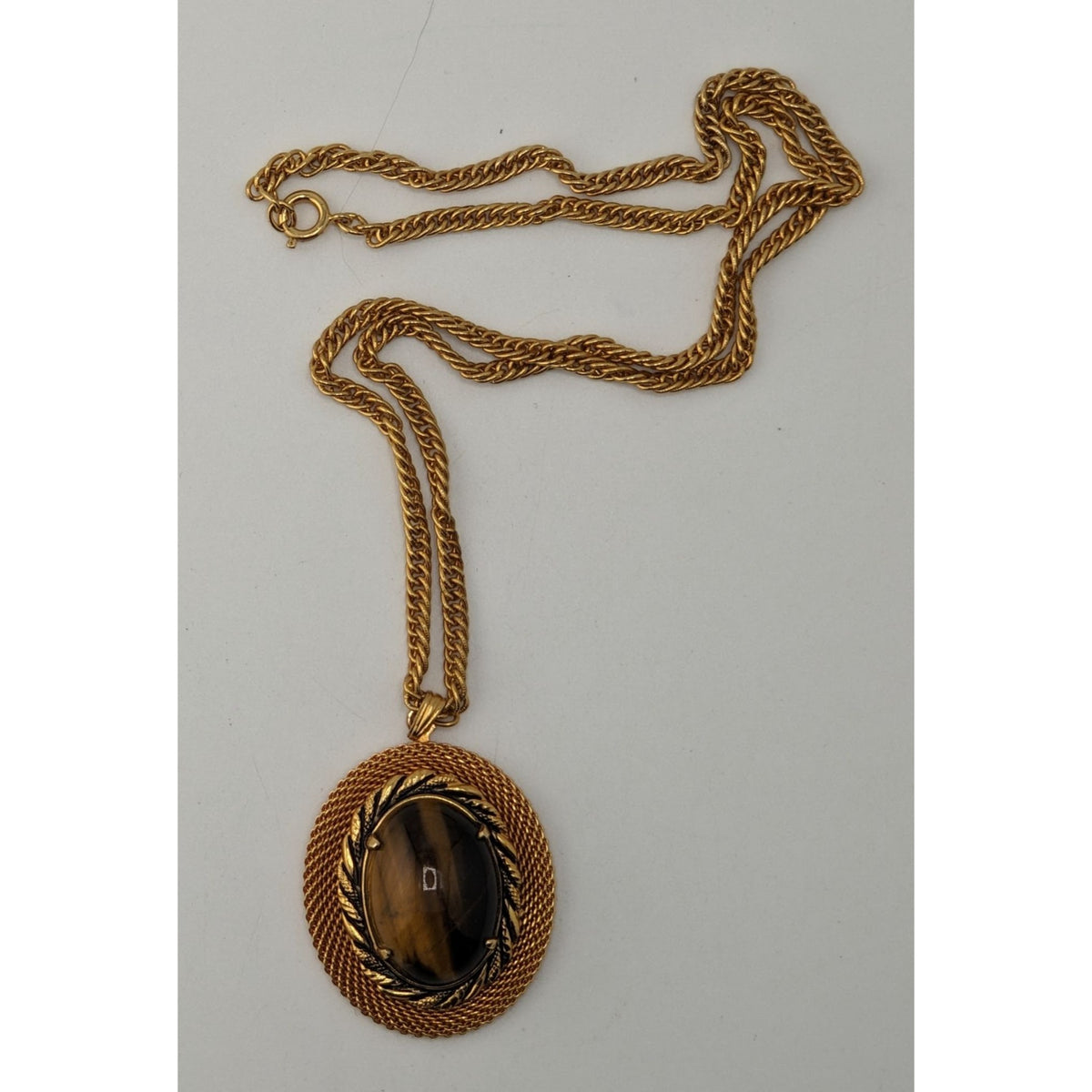 Boho Vintage Tiger Eye Pendant Necklace Gold Tone Oval Cabochon Statement Jewelry