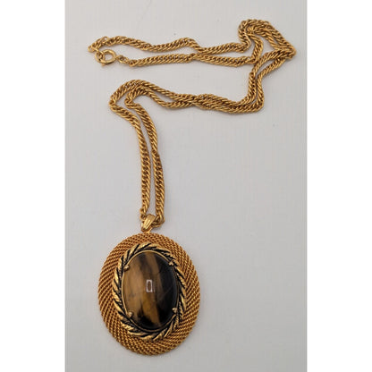 Boho Vintage Tiger Eye Pendant Necklace Gold Tone Oval Cabochon Statement Jewelry