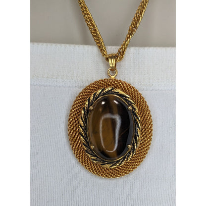 Boho Vintage Tiger Eye Pendant Necklace Gold Tone Oval Cabochon Statement Jewelry
