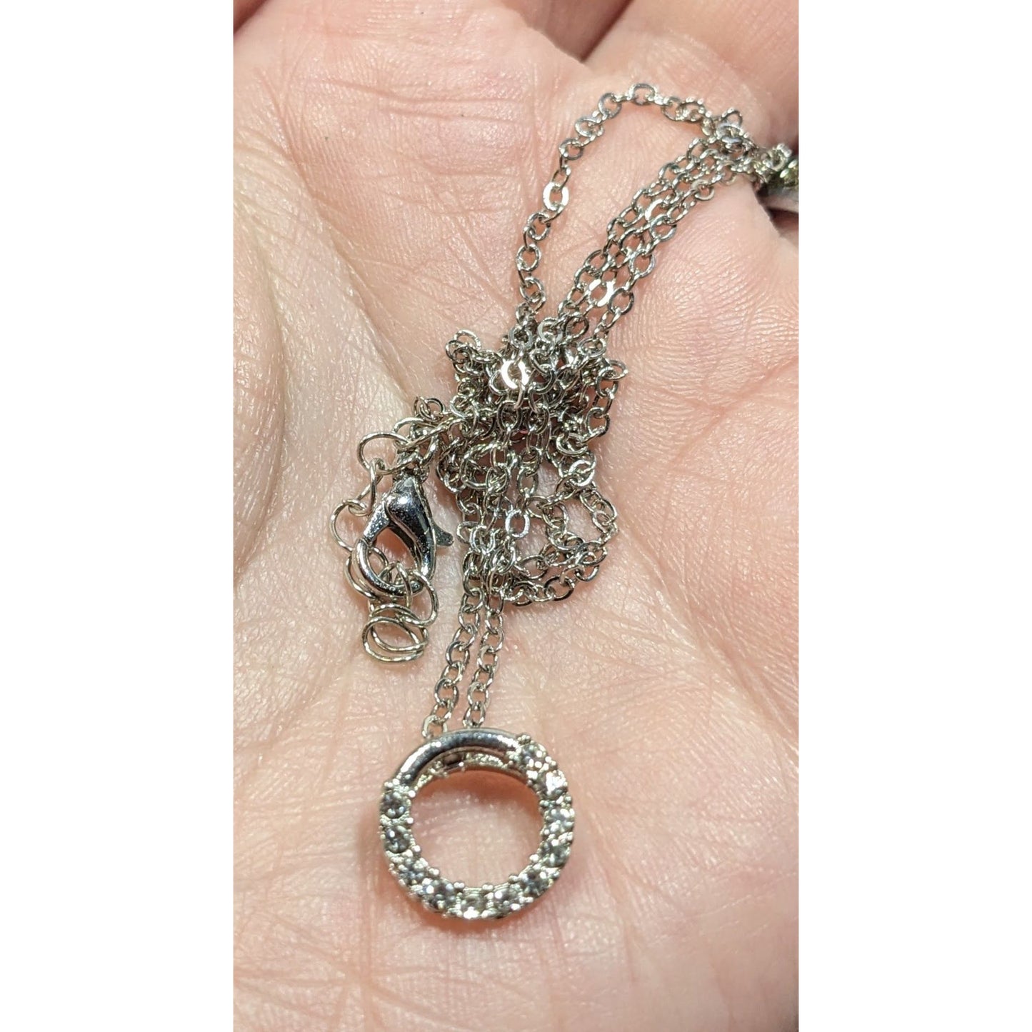 Minimalist Silver Tone Rhinestone Open Ring Pendant Necklace