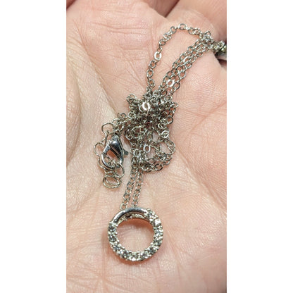 Minimalist Silver Tone Rhinestone Open Ring Pendant Necklace