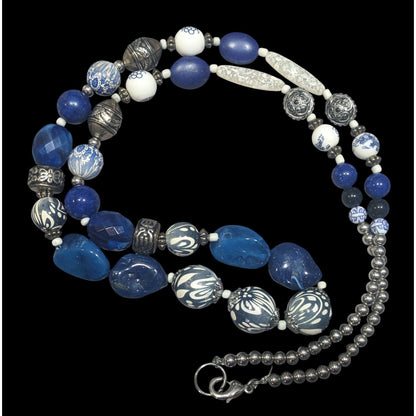 Vintage Blue And White Floral Mixed Media Beaded Necklace