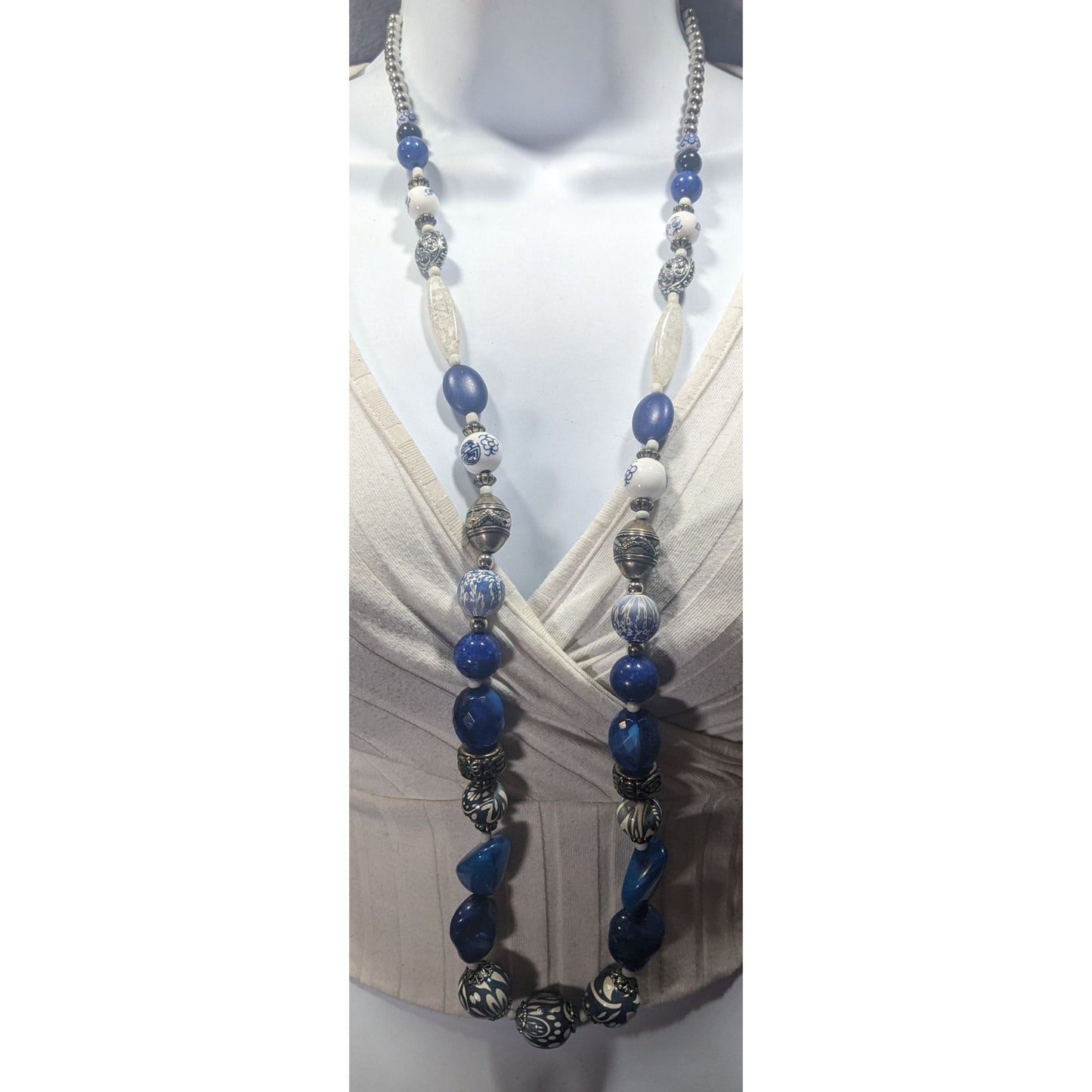 Vintage Blue And White Floral Mixed Media Beaded Necklace