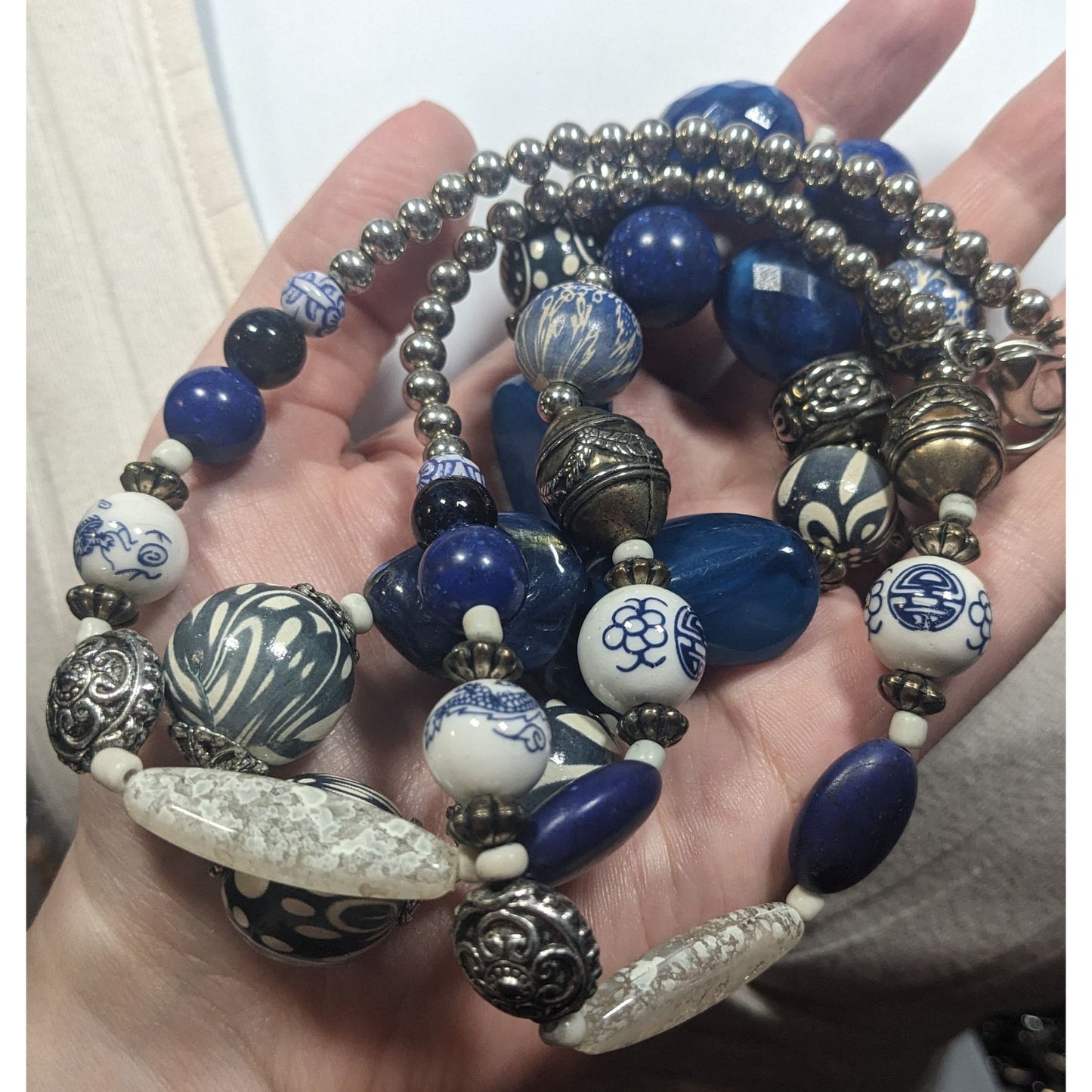 Vintage Blue And White Floral Mixed Media Beaded Necklace