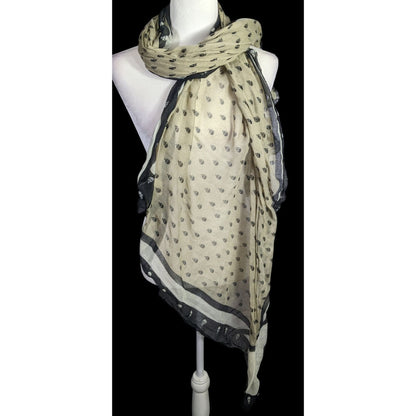 Gothic Skull Print Lightweight Beige Scarf With Black Accents 77"x41" Soft Fabric