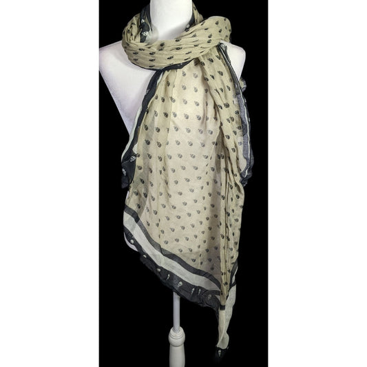 Gothic Skull Print Lightweight Beige Scarf With Black Accents 77"x41" Soft Fabric