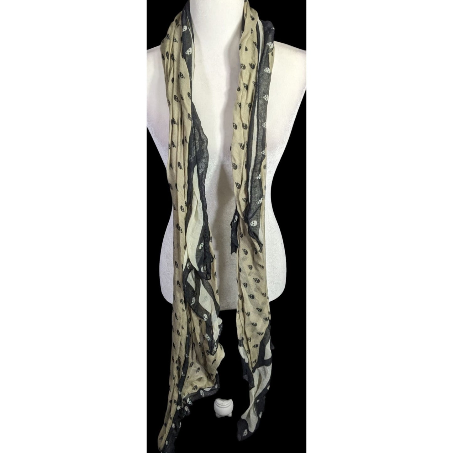 Gothic Skull Print Lightweight Beige Scarf With Black Accents 77"x41" Soft Fabric