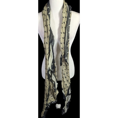 Gothic Skull Print Lightweight Beige Scarf With Black Accents 77"x41" Soft Fabric