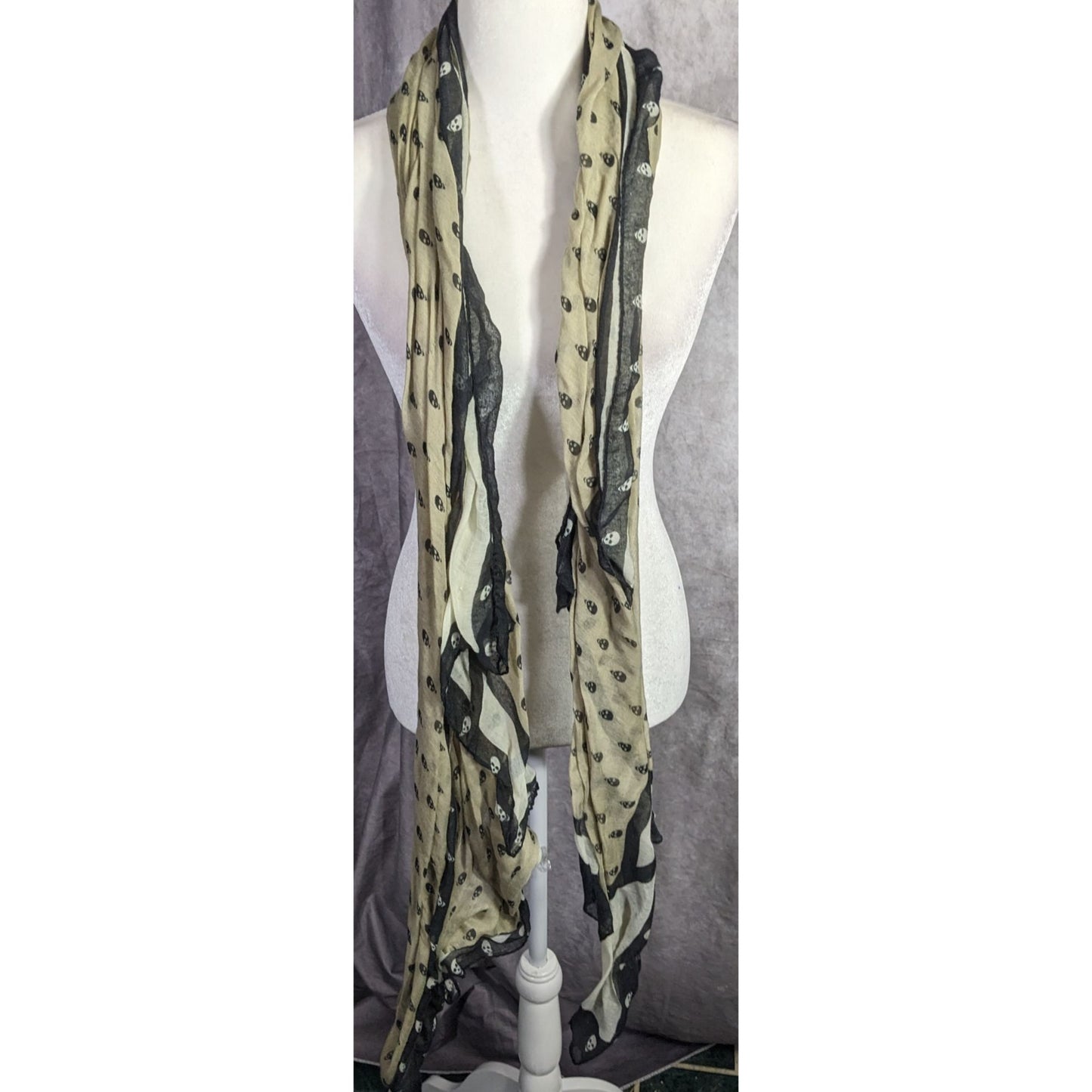 Gothic Skull Print Lightweight Beige Scarf With Black Accents 77"x41" Soft Fabric