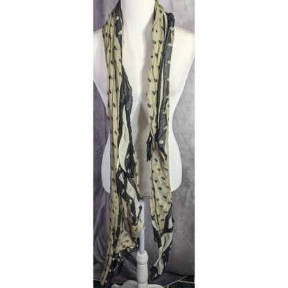 Gothic Skull Print Lightweight Beige Scarf With Black Accents 77"x41" Soft Fabric
