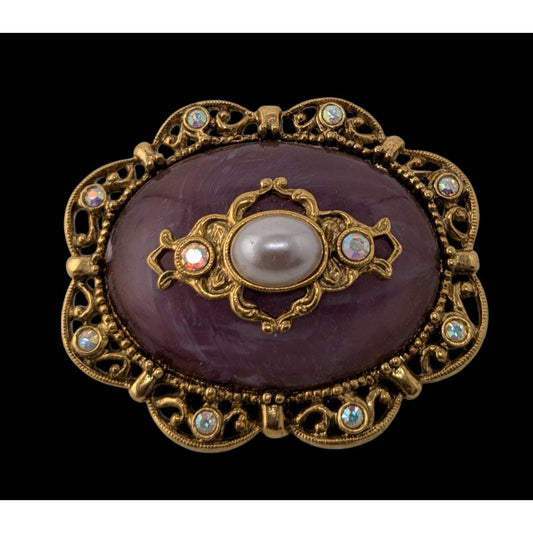 Vintage Regency-Style Ornate Brooch With Purple Stone Faux Pearl And Gold-Tone Filigree Accented With Rhinestone