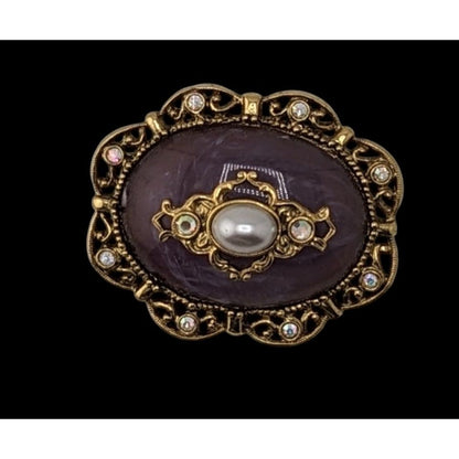 Vintage Regency-Style Ornate Brooch With Purple Stone Faux Pearl And Gold-Tone Filigree Accented With Rhinestone