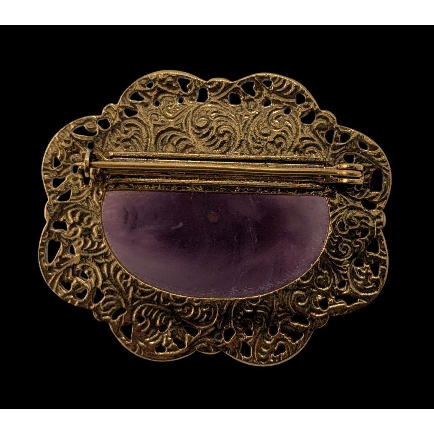 Vintage Regency-Style Ornate Brooch With Purple Stone Faux Pearl And Gold-Tone Filigree Accented With Rhinestone
