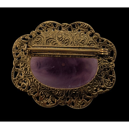Vintage Regency-Style Ornate Brooch With Purple Stone Faux Pearl And Gold-Tone Filigree Accented With Rhinestone