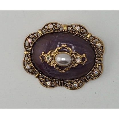 Vintage Regency-Style Ornate Brooch With Purple Stone Faux Pearl And Gold-Tone Filigree Accented With Rhinestone