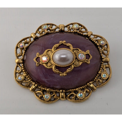 Vintage Regency-Style Ornate Brooch With Purple Stone Faux Pearl And Gold-Tone Filigree Accented With Rhinestone