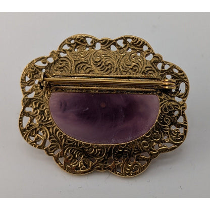 Vintage Regency-Style Ornate Brooch With Purple Stone Faux Pearl And Gold-Tone Filigree Accented With Rhinestone