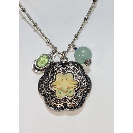 Silver Floral Bird Pendant Necklace Vintage Style Charm Necklace Cottagecore Nature Jewelry