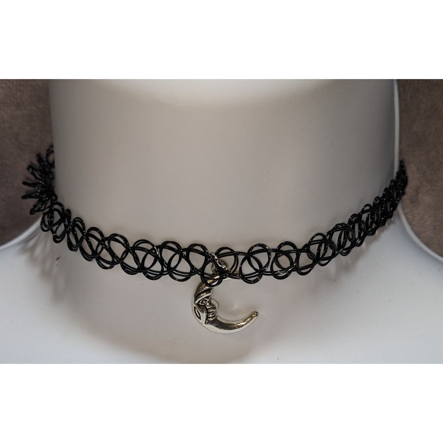 Black Stretch Tattoo Choker With Man In The Moon Pendant 90s Retro Style Necklace