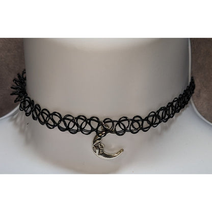 Black Stretch Tattoo Choker With Man In The Moon Pendant 90s Retro Style Necklace
