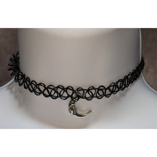 Black Stretch Tattoo Choker With Man In The Moon Pendant 90s Retro Style Necklace