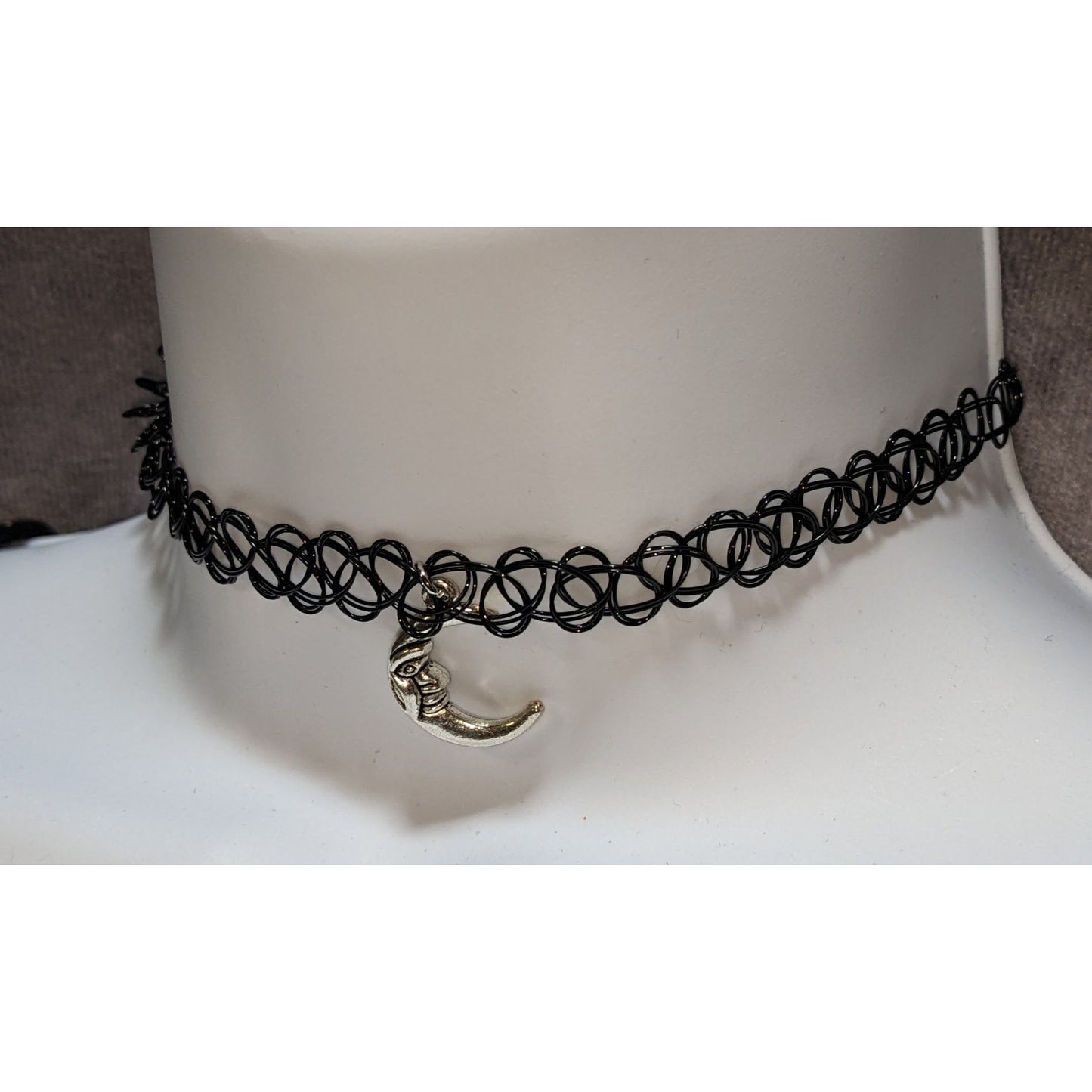 Black Stretch Tattoo Choker With Man In The Moon Pendant 90s Retro Style Necklace