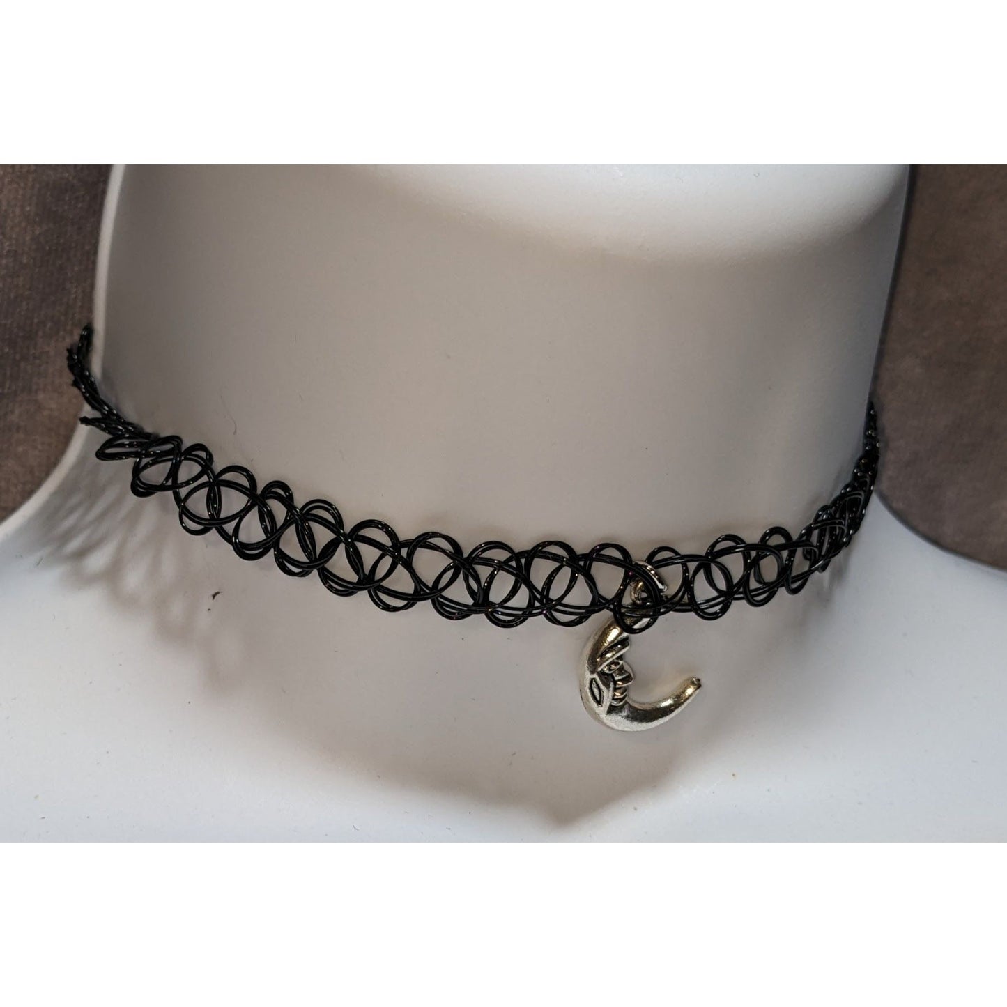 Black Stretch Tattoo Choker With Man In The Moon Pendant 90s Retro Style Necklace
